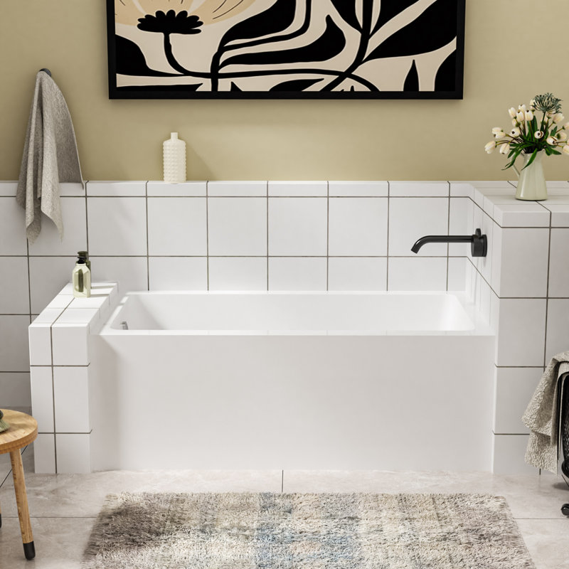 60" x 32" Alcove Soaking Acrylic Bathtub Modern Rectangular Acrylic Bathtub White Tile In Bathtub, Left