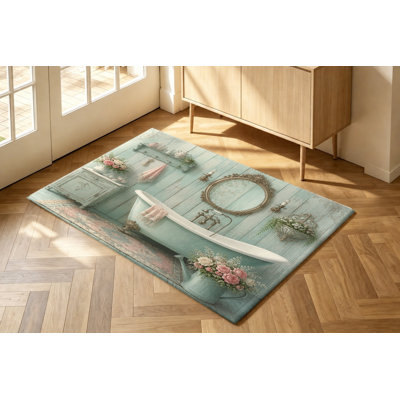 Tapis vintage rétro Shabby Chic, aspect bois vieilli bleu pastel avec accents floraux roses, tapis de sol doux, décoration intérieure antidérapante pour appartement de chambre à coucher
