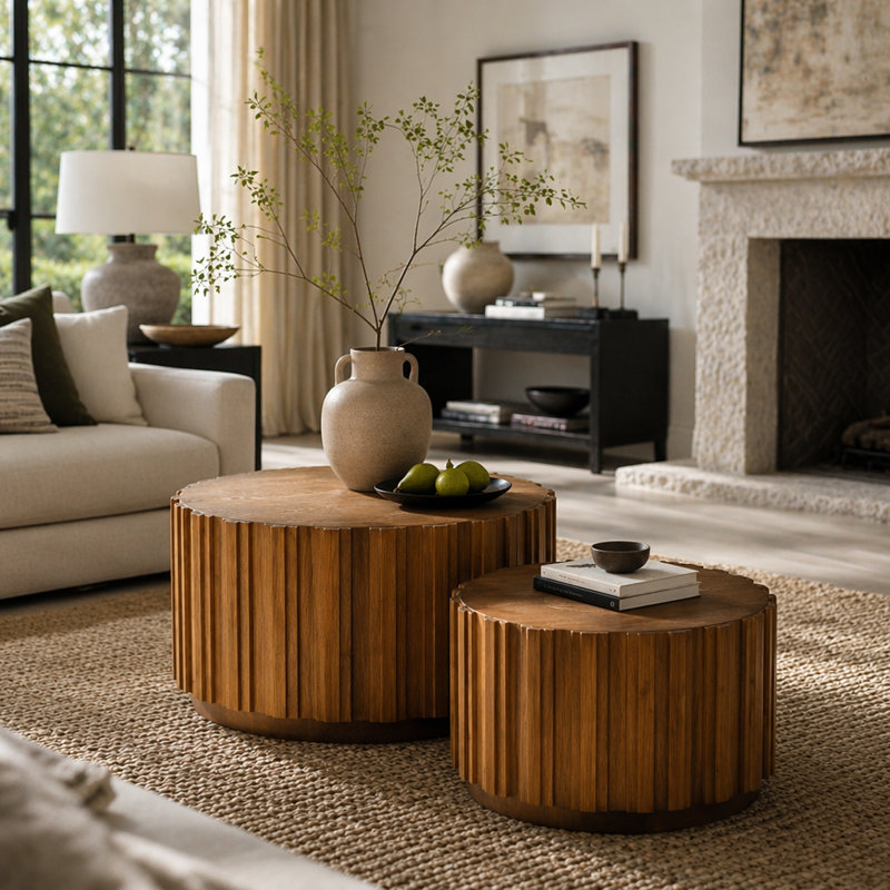 Ensemble de 2 nichoirs ronds gigognes en bois de noyer avec un design à lattes verticales pour un décor de salon rustique