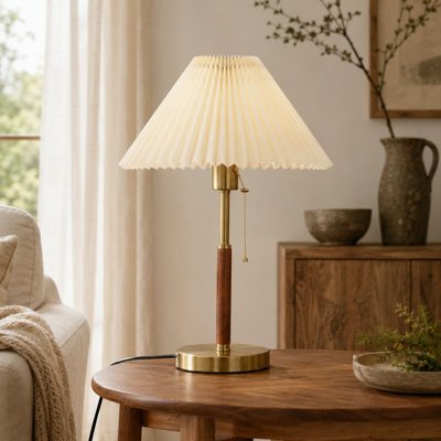 Lampe de table vintage plissée de 34 cm (13,4 po), lampe de chevet en bois et en métal avec abat-jour en tissu blanc pour chambre, salon et table de nuit