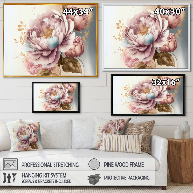 Rose et or rose II - Art mural encadré rose, H 30 po x l 40 po x P 1,5 po, Toile avec cadre flottant noir