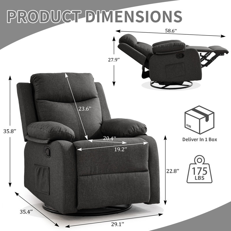  Recliner Chair, 360° Swivel Rocker Recliners For Living Room, Small Recliner For Small Spaces, Fabric Manual Recliners With Side Pockects