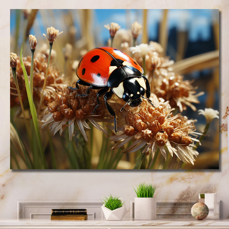 Coccinelle rouge aventureuse I - art de coccinelle, Toile tendue, H 34 po x l 44 po x P 1,5 po