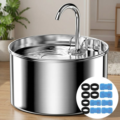 Fontaine à eau automatique en acier inoxydable pour chats et chiens, avec 8 filtres et 8 éponges, dotée d'une sortie de type robinet en métal, d'une pompe ultra-silencieuse et d'une distribution d'eau courante.