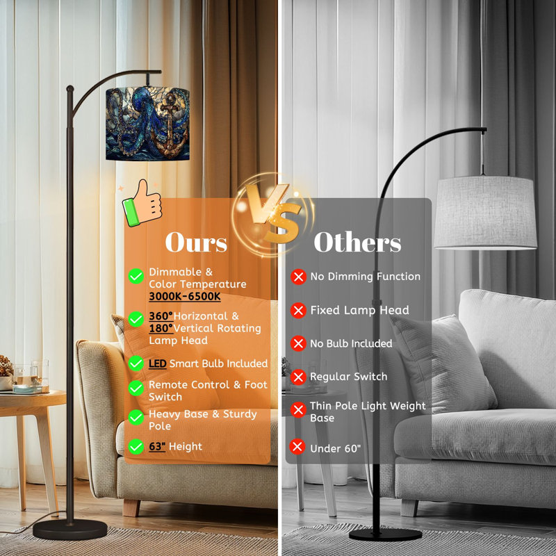 Arc Floor Lamp with Adjustable Lampshade Stained Glass Octopus Anchor Sea Storm Coatsal Standing Lamp 3 Color Temperatures Dimmable Tall Pole Lamp with Foot Switch for Bedroom