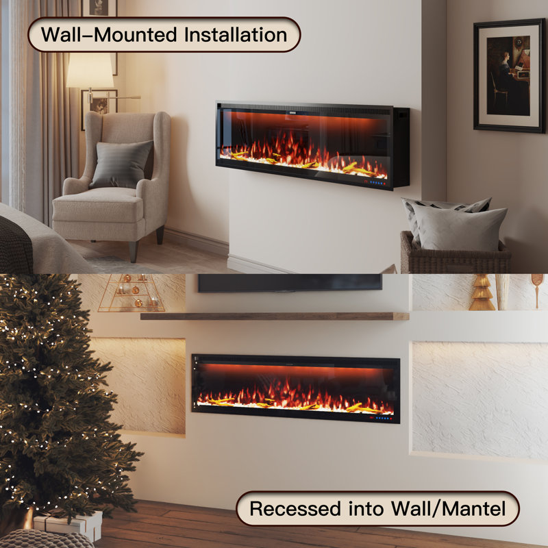 Wall Mounted/Recessed-In Electric Fireplace With Smart WIFI, 17" H x 60" W x 6.3" D
