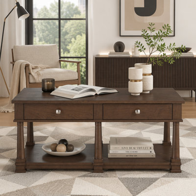 Farmhouse Rectangular Coffee Table with 2 Drawers and Open Shelf, Wooden Cocktail Table with Solid Wood Legs for Living Room