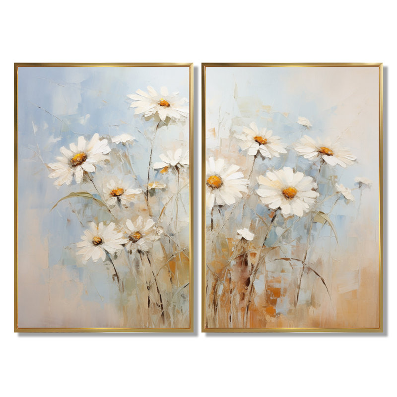 «White Daisy Fields Elegance - Daisies Large Wall Art», ensemble de 2 impressions sur toile florales blanches, Doré