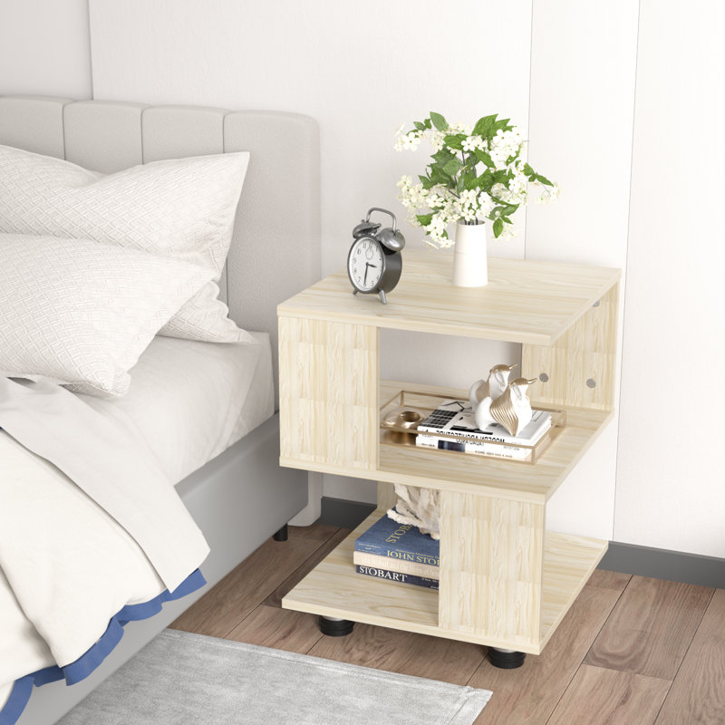 Single Cubic Open Bedside Nightstand, Light Natural Grain Manufactured Wood Board with Black Rubber Base Pads, Natural