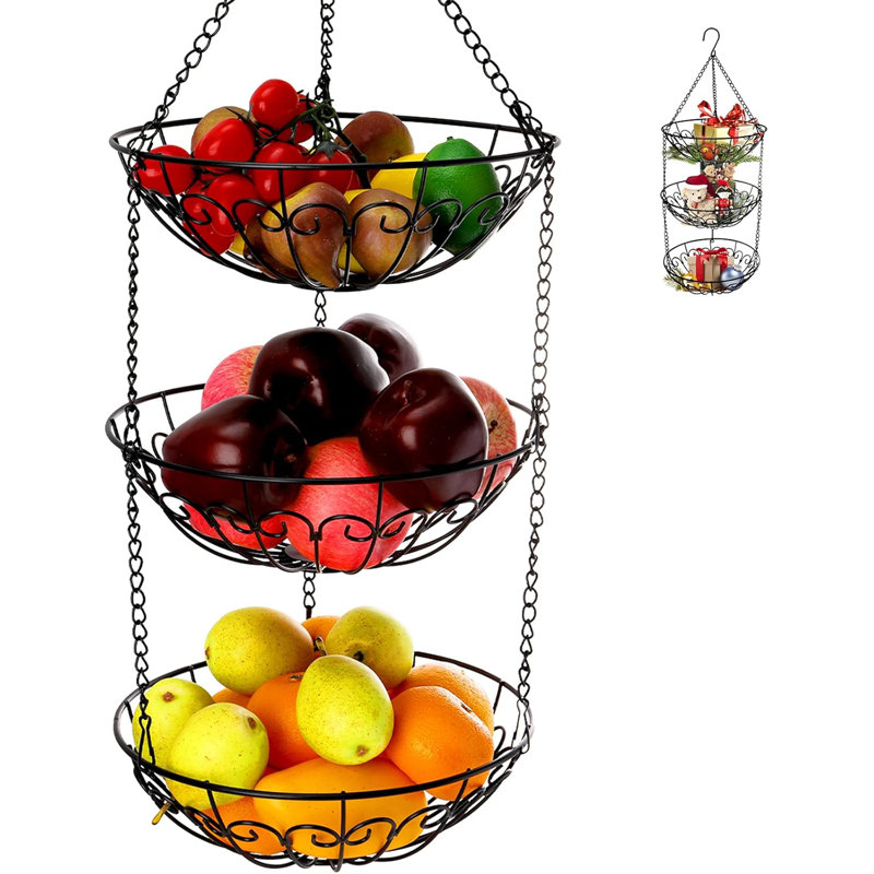 Panier à fruits suspendu à 3 niveaux, paniers grillagés robustes pour la cuisine, support à légumes suspendu rustique