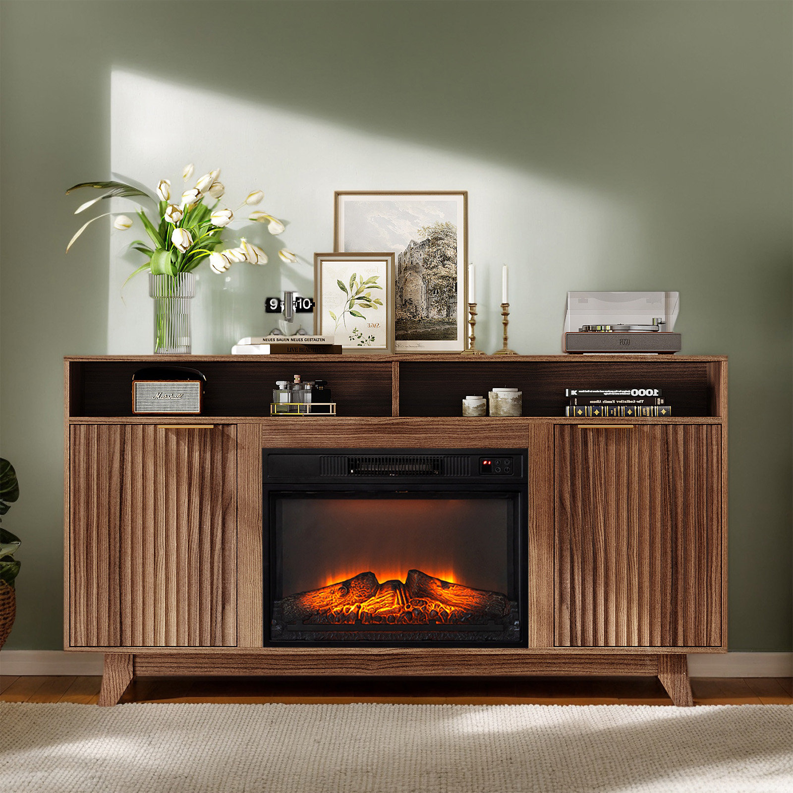 Winado Farmhouse 58'' TV Stand For Tvs Up To 70'' With Electric Fireplace And Adjustable Shelves & Reviews | Wayfair