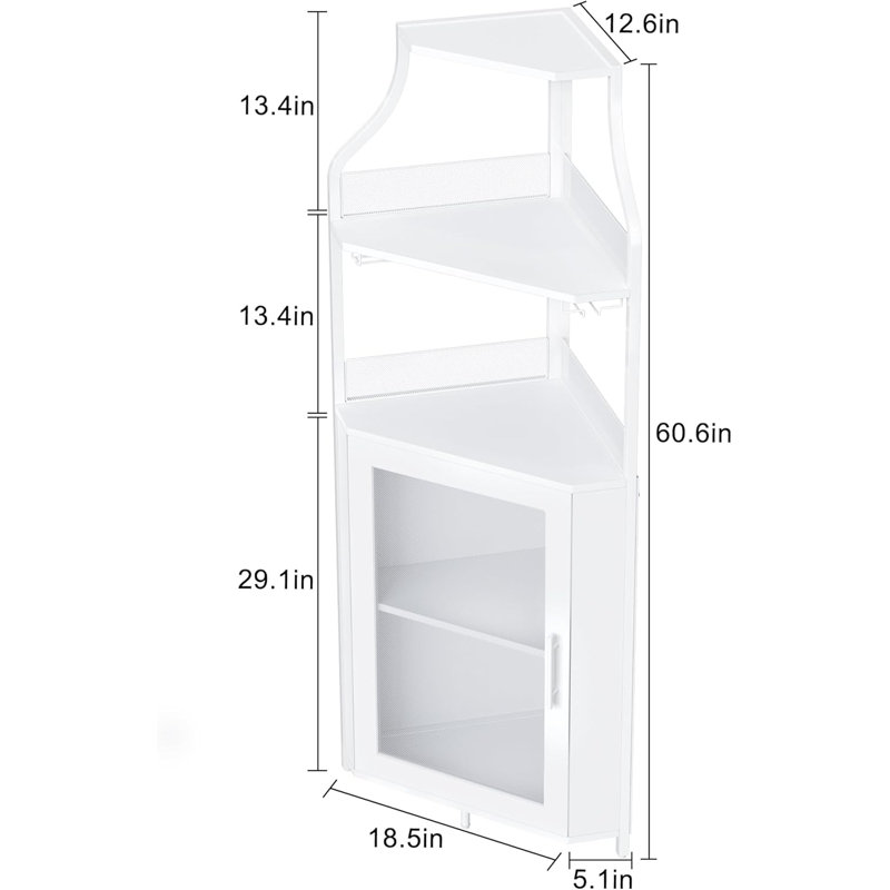 Armoire à vin de coin, bar industriel à 5 niveaux avec porte de grange, porte-verre, support amovible, blanc, Marbre blanc