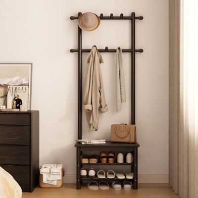 Solid Wood Hall Tree with Bench and Shoe Storage, Entryway Organizer with 11 Hooks and Two-Tier Shoe Rack for Mudroom or Hallway