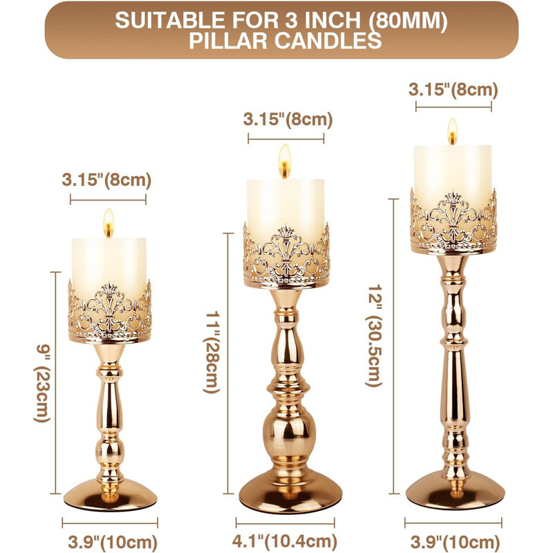 Vintage Iron Candle Holders Set Of 3 - Decorative Gothic Crown Design For Pillar Candles, Elegant Table Centerpiece For Home, Wedding, And Holiday Decor