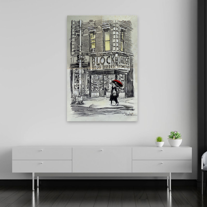 Illustration de paysage urbain rétro d'une pharmacie, H 60 po x l 40 po