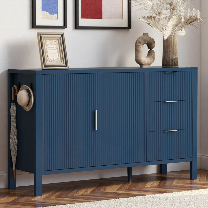 Buffet moderne avec 3 tiroirs, crochets et portes à motif de vagues, Marine