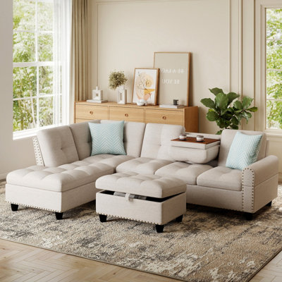 Canapé d'angle en L de 250 cm avec pouf de rangement et porte-gobelets, beige
