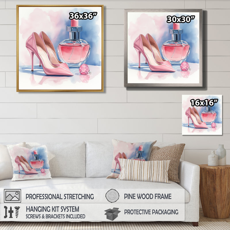 Rose, bleu, talons hauts et parfum, nature morte I - accessoires de mode, photo encadrée, H 36 po x l 36 po, Cadre photo noir
