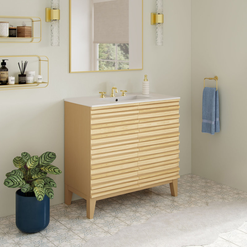 Wachter 30" Freestanding Bathroom Vanity In Natural Oak With 3-Hole Widespread Sink Top, Natural, 8" Widespread
