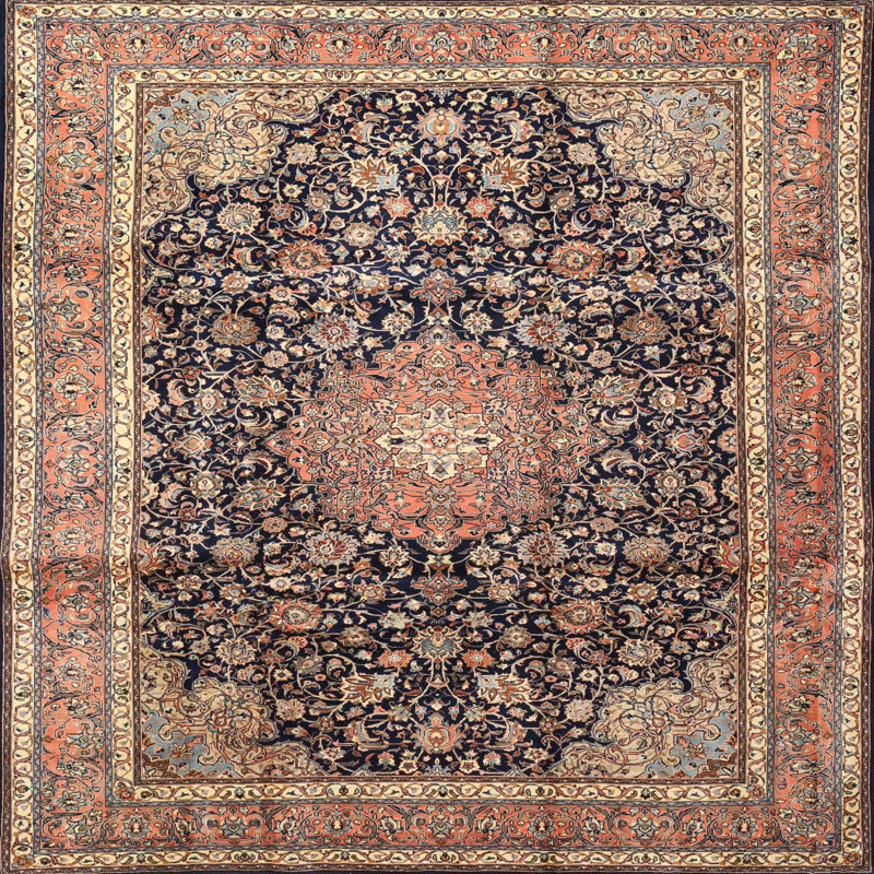 Beige oriental abdulkerim/orange/Tapis décoratif bleu marine, Carré 7 pi