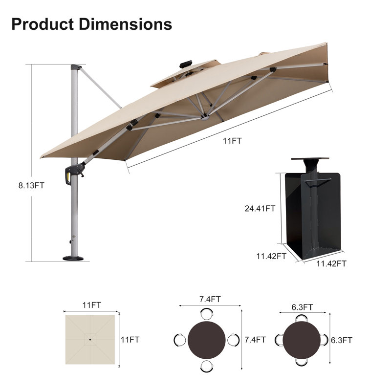 Parasol carré SelvIn 132 avec lumières solaires et base au sol, beige, Beige