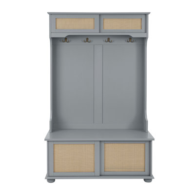 Brandilee Casual Style Hall Tree Entryway Bench with Rattan Door Shelves and Shoe Cabinets, SOLID WOOD Feet