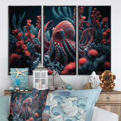 «Red Octopus On The Ocean Floor I», reproduction sur toile 3 pièces