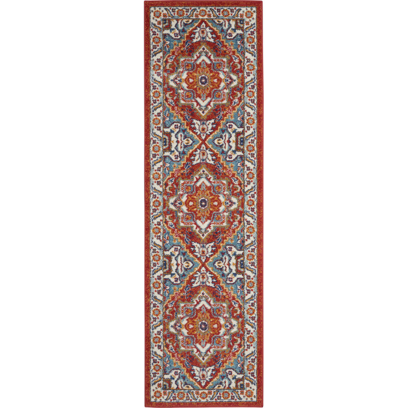 Tapis oriental en polypropylène tissé à la machine en rouge / bleu, Tapis de couloir 2 pi 2 po x 7 pi 6 po