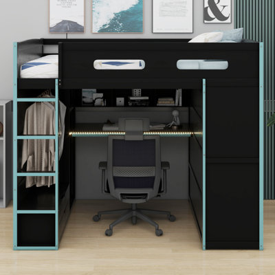 Lit mezzanine en bois avec bureau, garde-robe, grand espace de rangement et lumière DEL RVB
