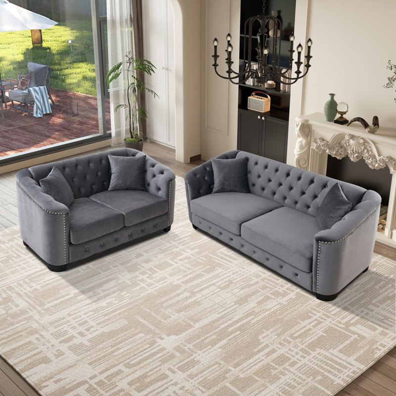 Ensemble de canapé de salon 2 pièces en velours capitonné Chesterfield, Gris