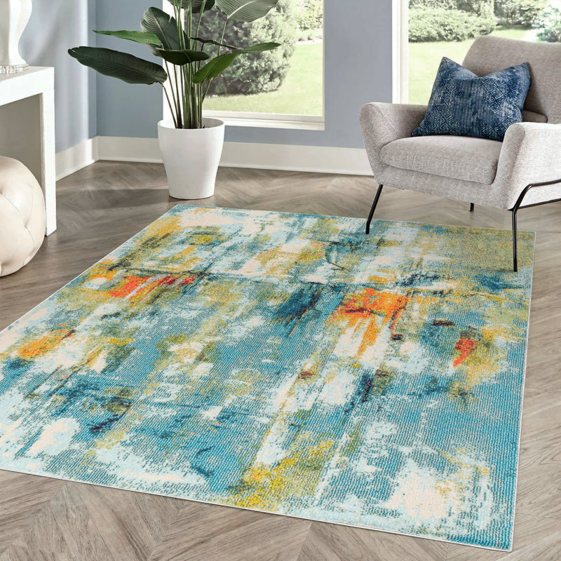 Lasley Contemporary POP Modern Abstract Waterfall Blue/Cream Rug, Rectangle 5'3" x 7'7"