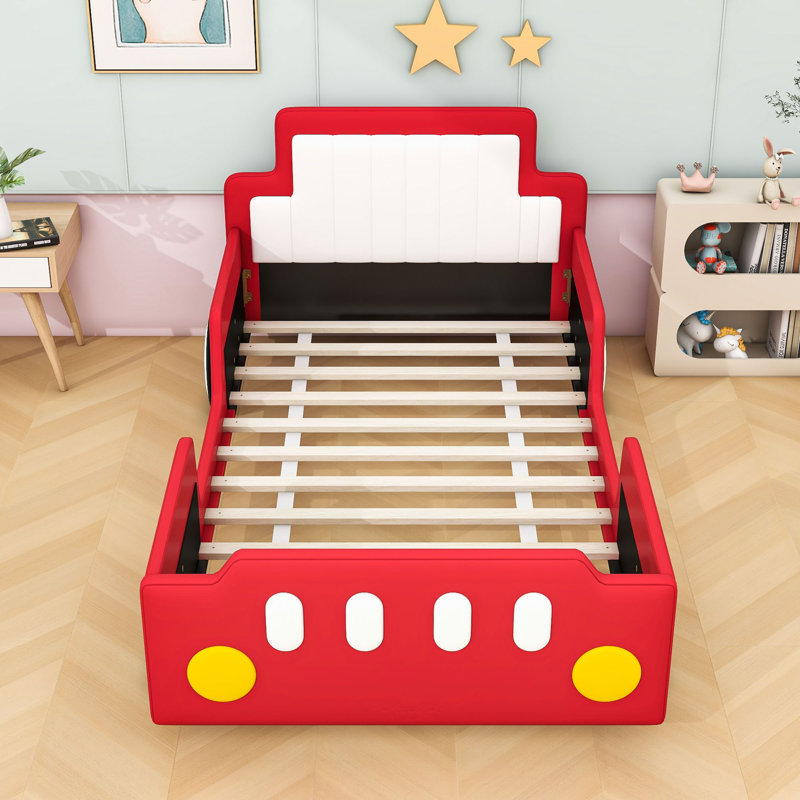 Lit plateforme simple avec roulettes Amarionna, Rouge