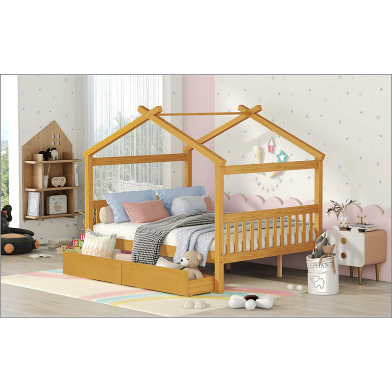 Lit double en bois avec tiroirs, Double, Naturel