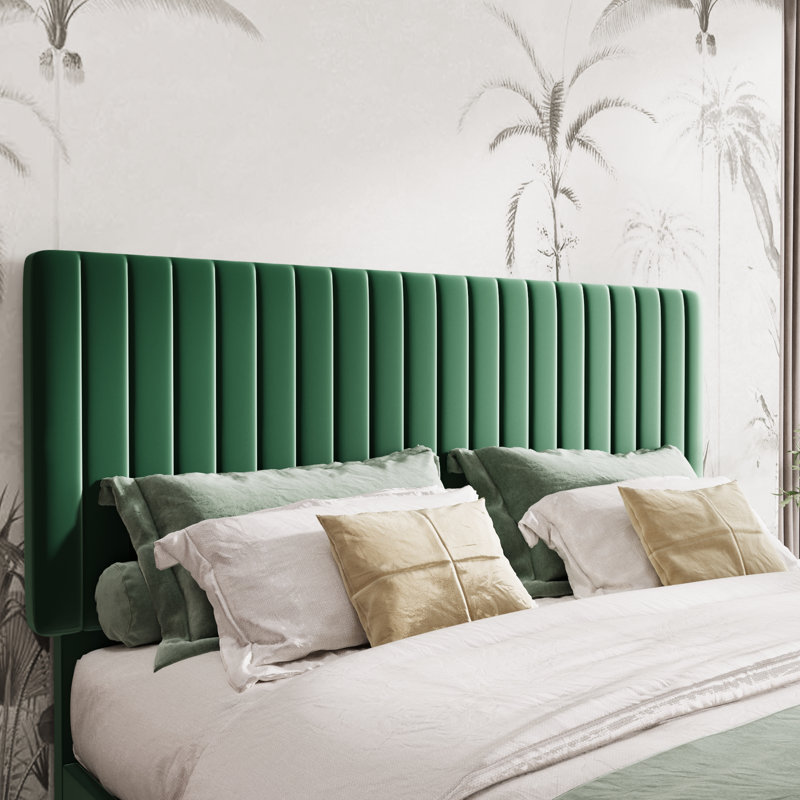 Queen Green Velvet Upholstered Platform Bed with Adjustable Headboard