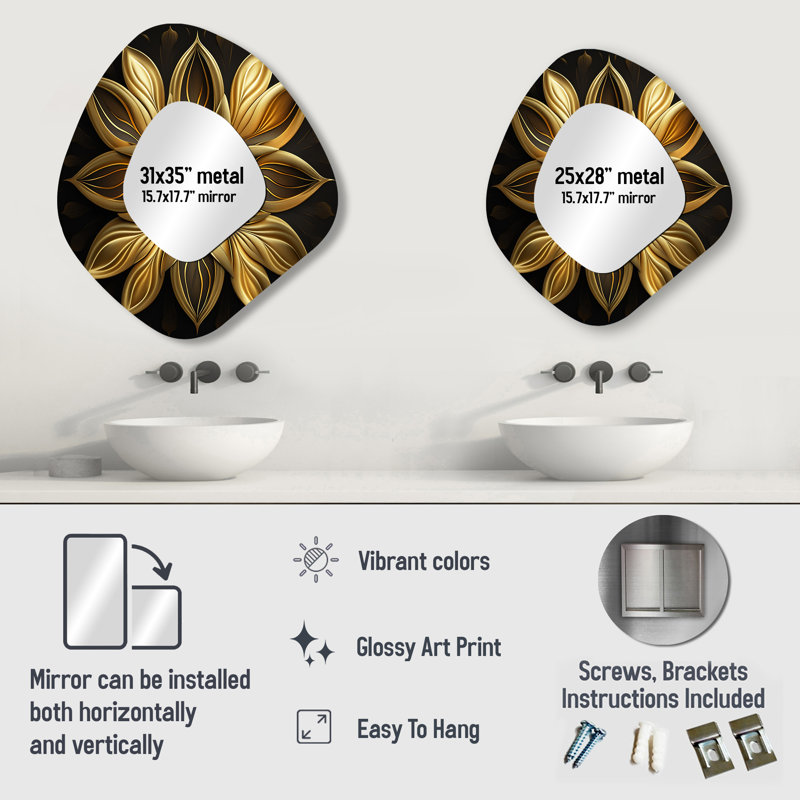 Glamourous Lily On Black I - Lily Unique Shape Decorative Mirror, Modern Asymmetrical Wall Mirror, Printed Metal Art
