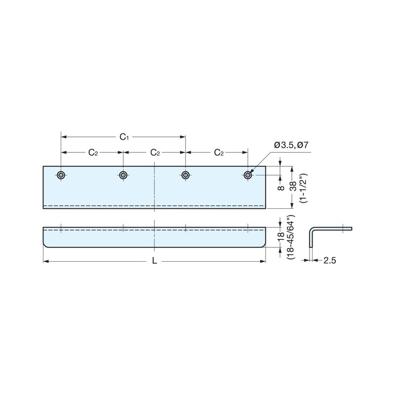 Poignée Sugatsune en acier inoxydable satiné, entraxe de 30 mm (1-3/16 po)., Satiné