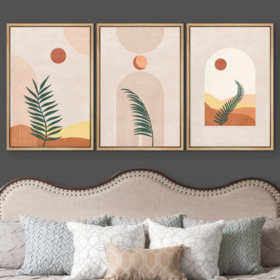 " Boho Mid-Century Geometric Jungle Palm Tree Desert Abstract Illustrations Modern Art Landscape " 3 - Pieces on