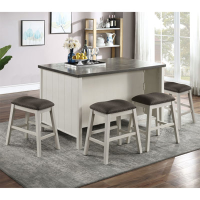 Transitional Style 5Pc Counter Height Dining Set Off White Wooden Dining Table 4X Stools Storage Shelve Table Base Dining Room