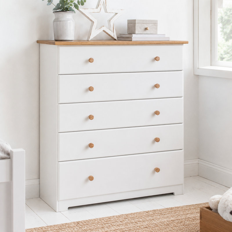 Ainsa 5-Drawer Chest of Drawers, Soft White Paint, Oak-Effect Top