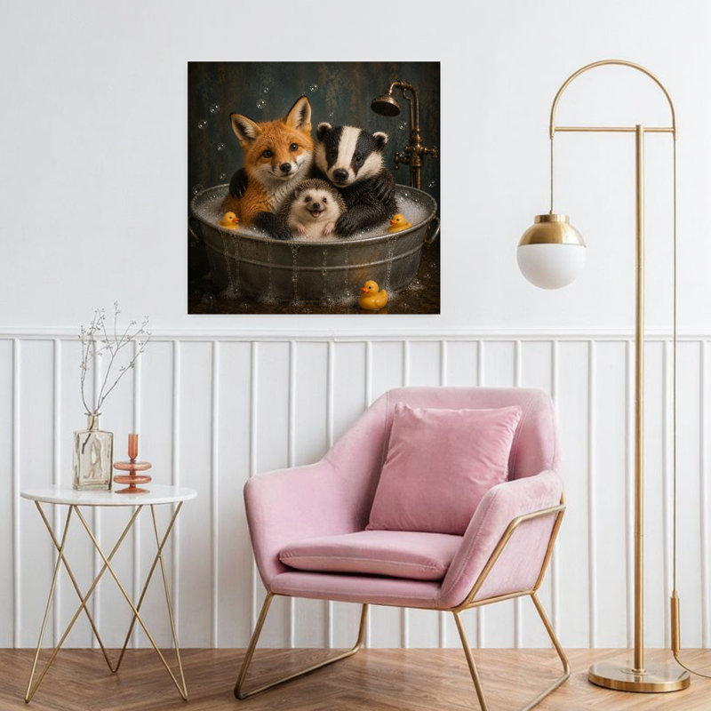 «Woodland Friends Bath Time Contemporary Duck Fox Forest», reproduction d'art murale, H 32 po x l 32 po