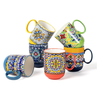 Ensemble de 6 tasses à café en porcelaine 14 oz Boho, allant au micro-ondes