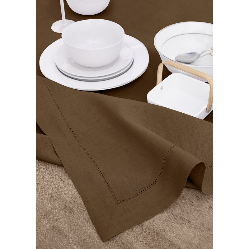 100% Pure Linen Hemstitch Table Throw - Classic Hemstitch, Brown