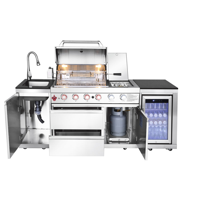 Barbecue de cuisine d'extérieur avec réfrigérateur à porte unique Silver 4 72000 avec surface de cuisson de 484,5 pieds carrés, rangement à 3 tiroirs, robinet d'évier escamotable à 360 °, évier / robinet à allumage électronique,