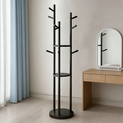 Solid Wood Rotating Coat Rack With 3 Shelves And 9 Hooks, Freestanding Heavy Duty Coat Tree For Entryway, Bedroom, Living Room, Organizer For Coats, Bags, And Scarves