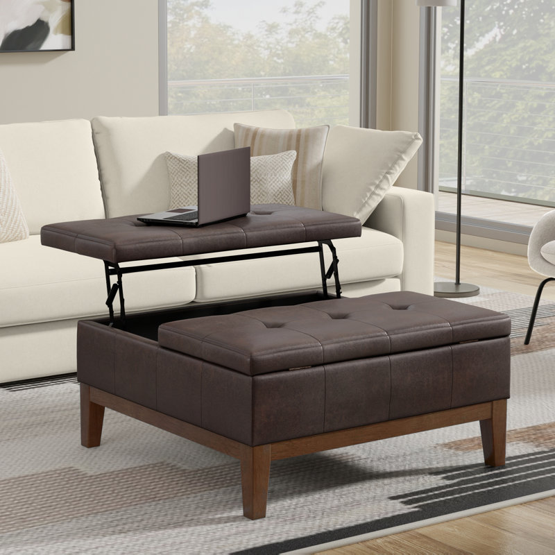 Dover 36"W Upholstered Lift-Top Storage Ottoman with Tufted Design, Dark Brown