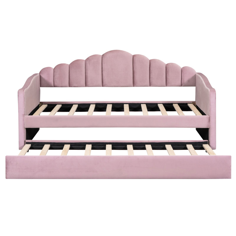 Lit de jour simple avec couchette et charge, tissu en velours rose, fonctionnel, sans sommier tapissier pour la chambre à coucher