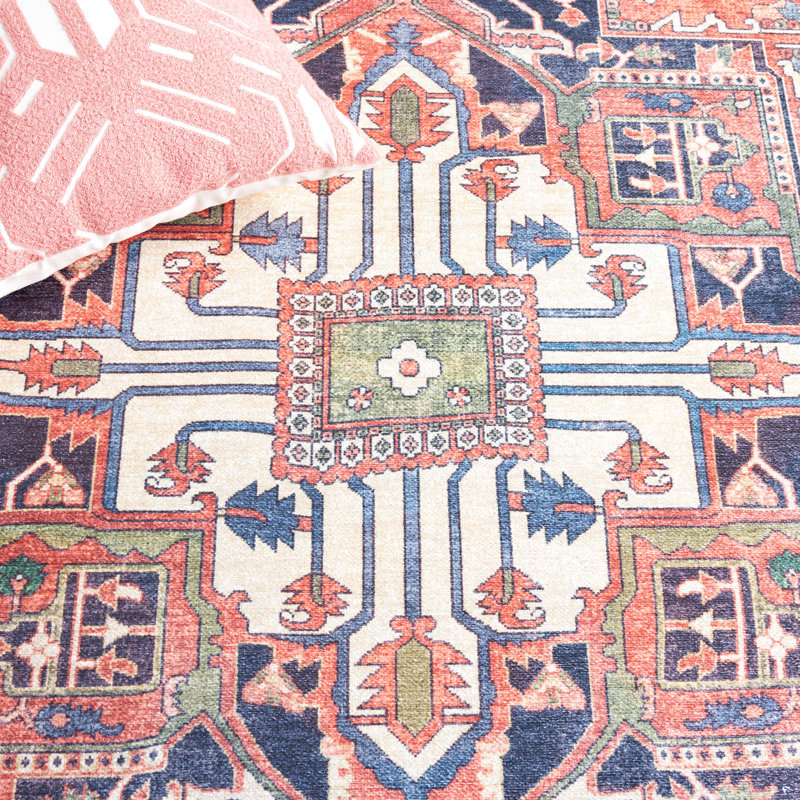 Wyneken Cotton/Chenille Machine Washable Southwestern Rug in Rust/Navy, Round 6'7"
