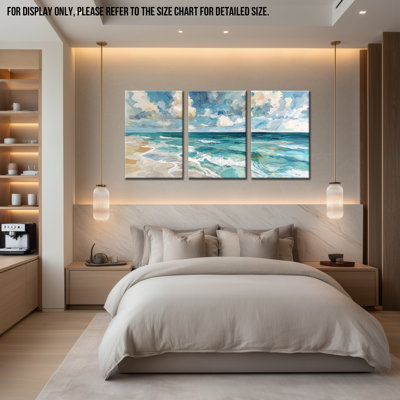 Tijera Ocean Seascape, art mural moderne sur toile, minimaliste, impression texturée, bleu serein, triptyque, peinture pour salon, chambre surdimensionnée, 32 po x 48 po x 3 pièces