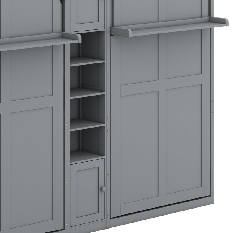 Deux lits escamotables doubles avec armoires et tablettes, Gris