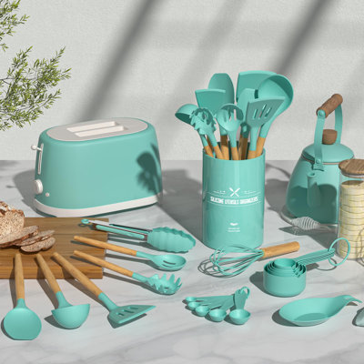 Kitchen Cooking Utensils Set, 24 pcs Non-stick Silicone Cooking Kitchen Utensils Spatula Set with Holder, Wooden Handle Heat Resistant Silicone Kitchen Gadgets Utensil Set (Green)